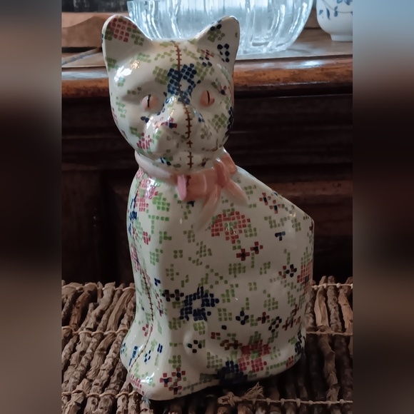 Vintage Ceramic Cat Pottery Patchwork CalicoPlanter utensil pencil holder - Picture 1 of 8